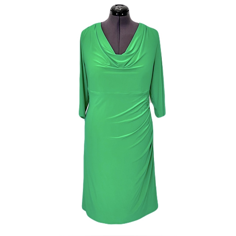 Ralph Lauren Green Cowl Neck Faux Wrap 3/4 Sleeve Dress, Size 20W